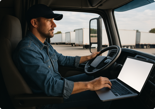 A truck driver seated in the cab of his semi-truck, on the passenger