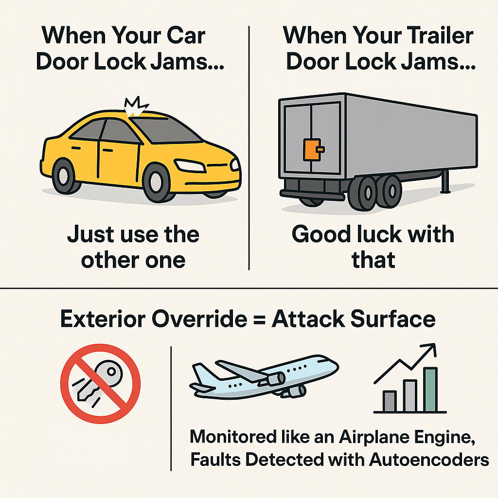 A two-panel infographic comparing a jammed car door lock ("just use the other one") with a locked trailer door ("good luck with that"). The second row warns that exterior overrides are security risks, and shows that Admiral's system is monitored like an airplane engine using AI autoencoders.