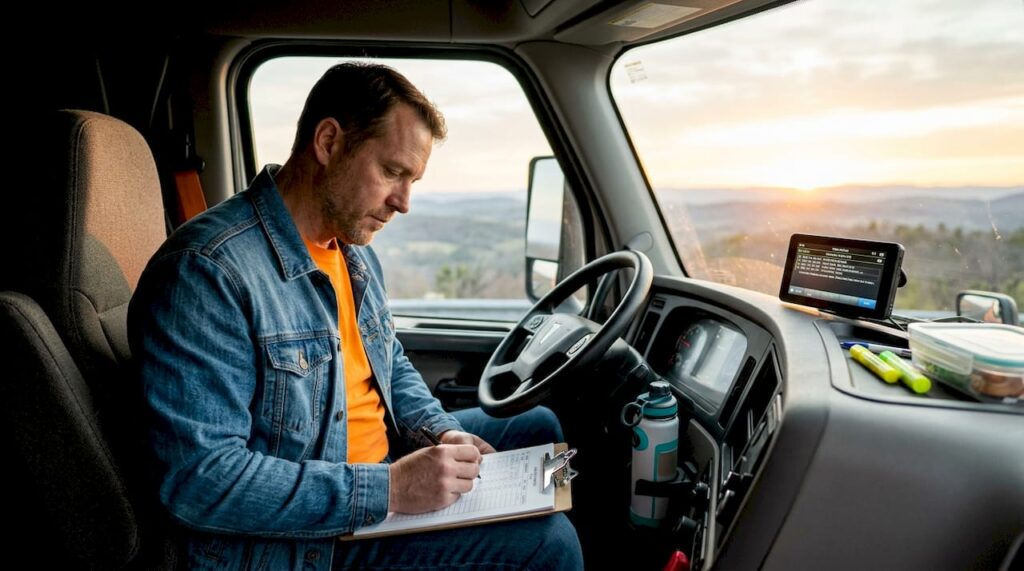 Driver updating logbook inside-truck cabin