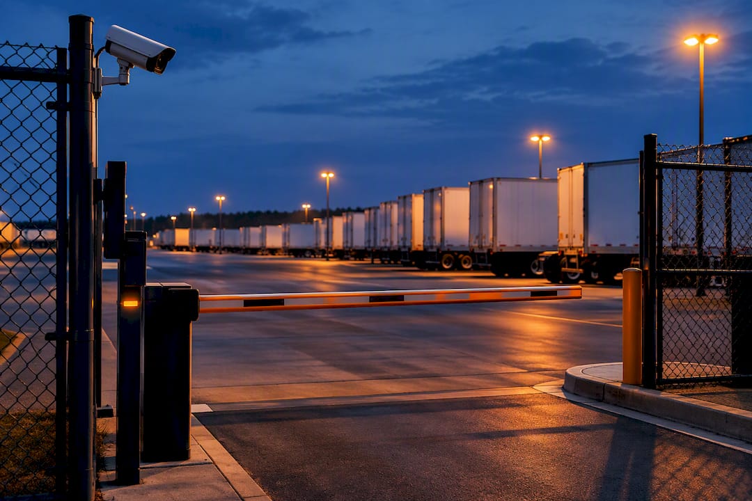 Fenced truck lot with cameras and lighting