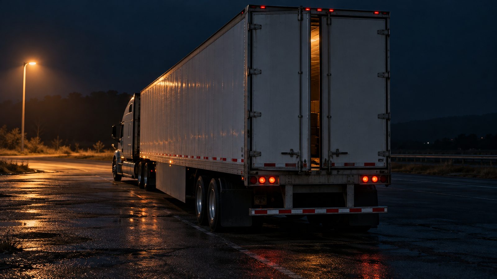 Unbranded trailer parked alone at night with its rear doors slightly open