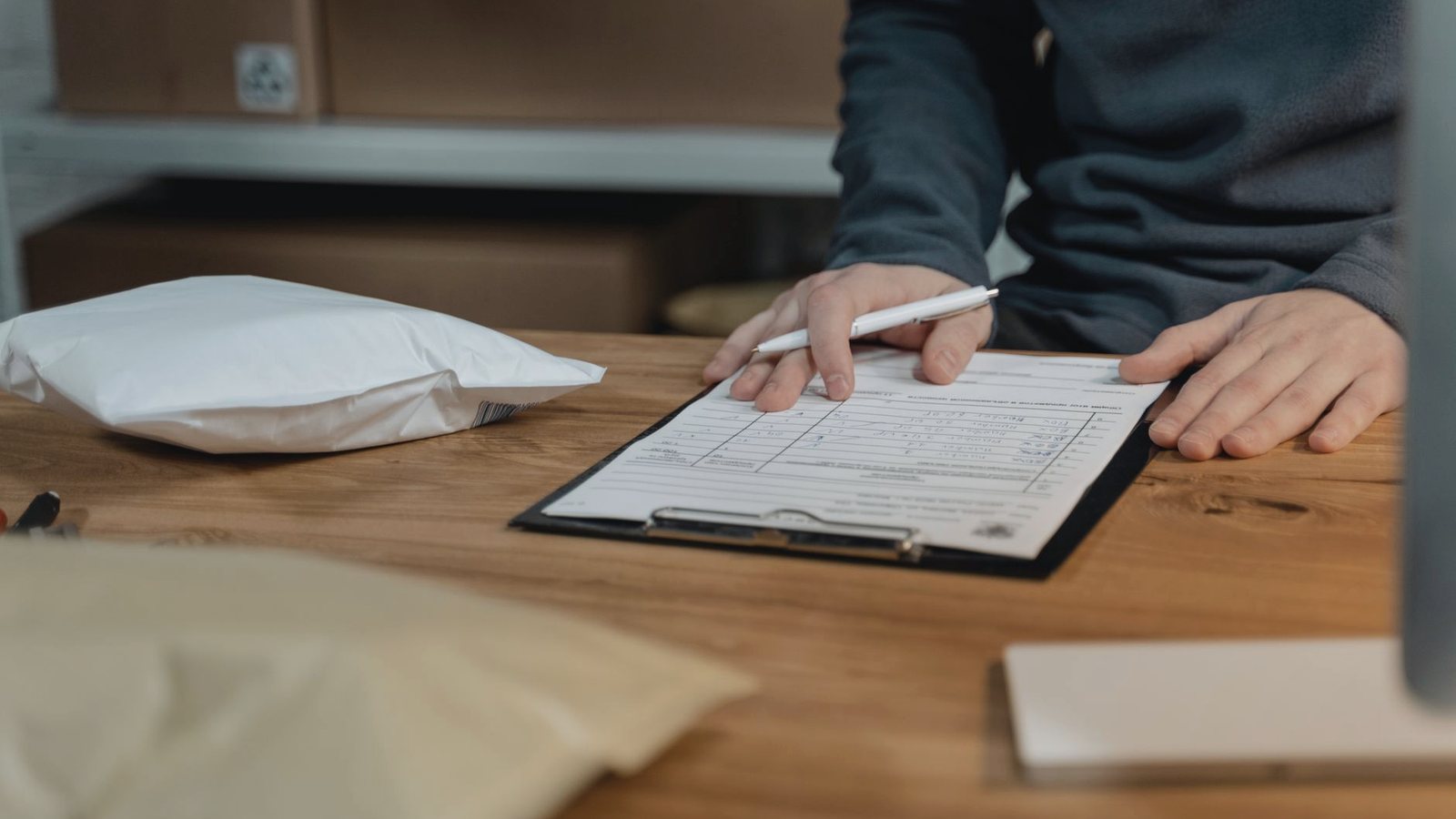 Hands filling out a pickup form on a clipboard at a warehouse desk
