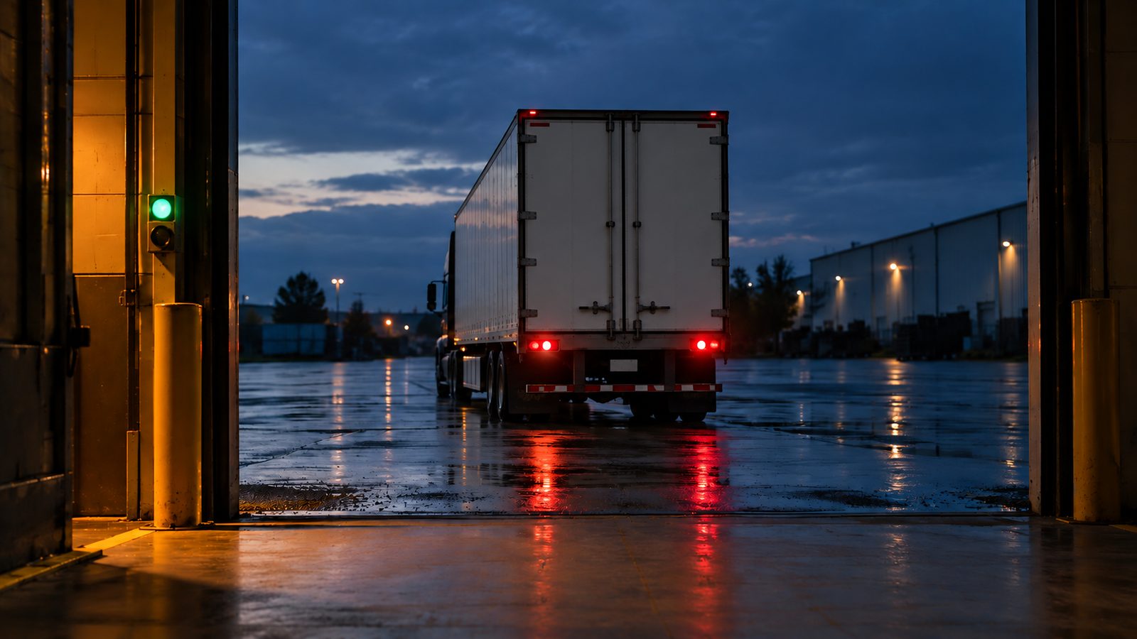 Unbranded trailer pulling away from a loading dock at dusk, seen from inside the dock