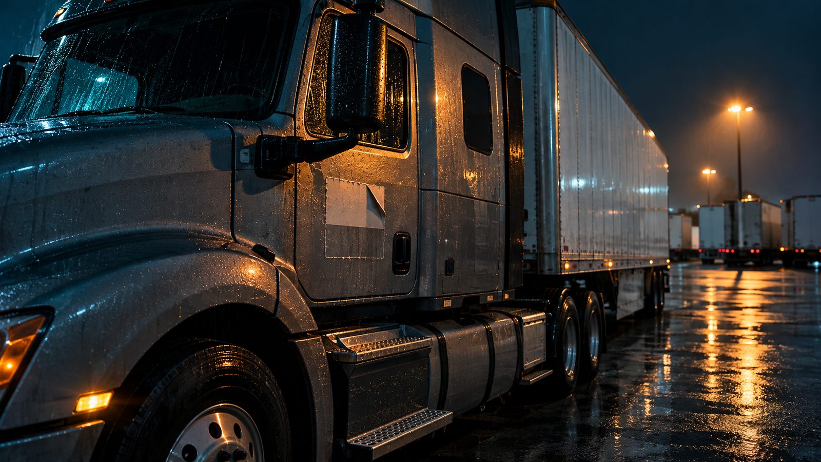 Unbranded tractor-trailer in a rainy yard at night with a blank patch where the door decal was removed