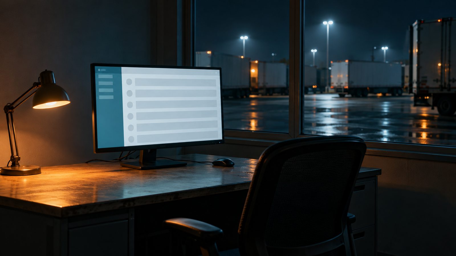 Dark dispatch office with an email inbox on a monitor and a trailer yard outside