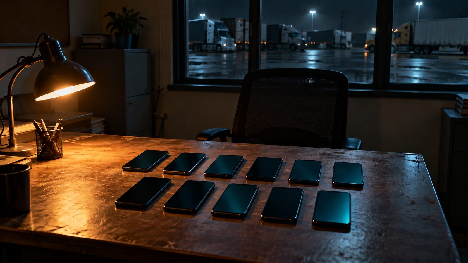 Eleven phones laid out on a dark dispatch desk with a truck yard visible through the window