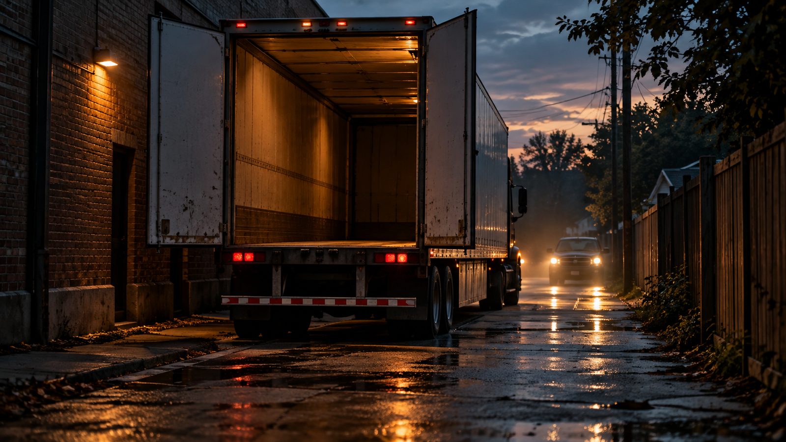 Trailer with its rear doors open in a narrow alley at dusk, with headlights approaching