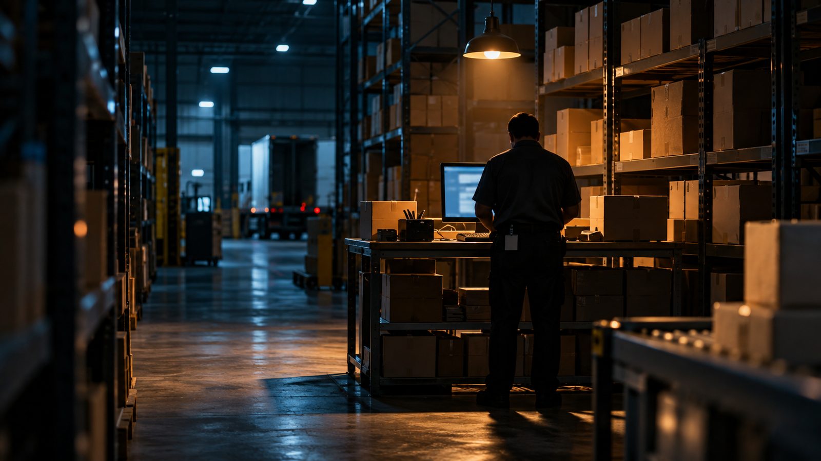 Warehouse worker seen from behind at a terminal among shelves of parcels at night