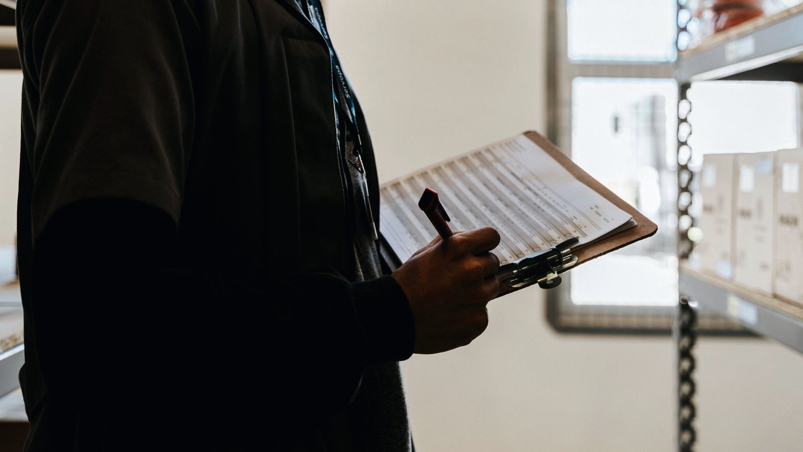 Warehouse worker in silhouette holding a clipboard beside storage shelves