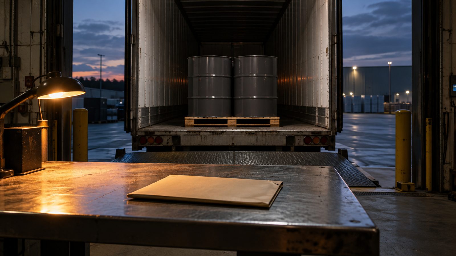 Metal drums on a pallet inside an open trailer at a dock, with an envelope on the dock plate
